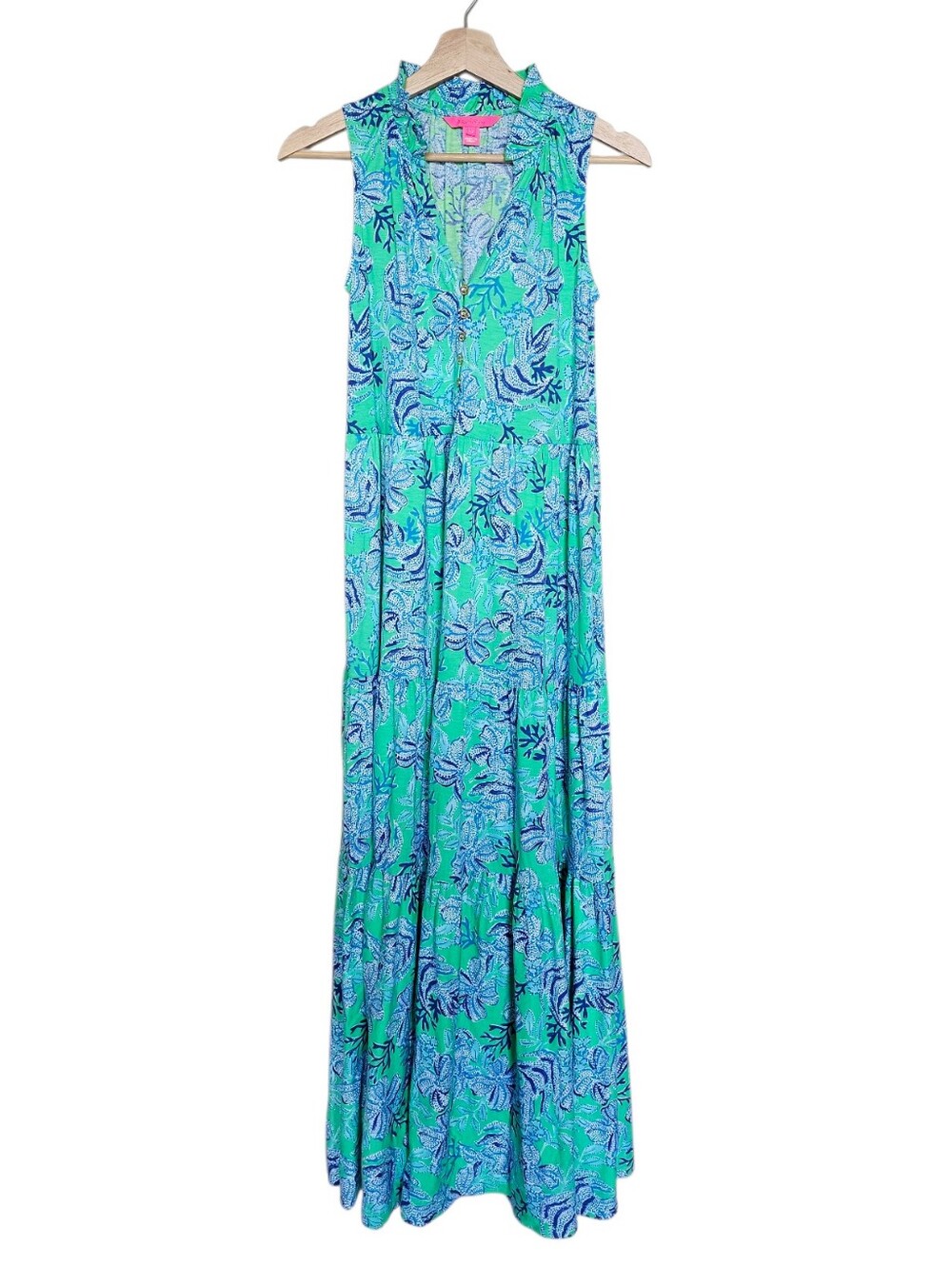 Lilly Pulitzer Blue & Green Floral 100% Cotton Malone Maxi Flowy Dress Size Xs - Picture 2 of 9
